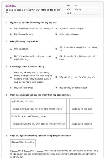 Đề kiểm tra giữa kì 2 Tiếng Việt lớp 4 KNTT có đáp án (Đề 2)