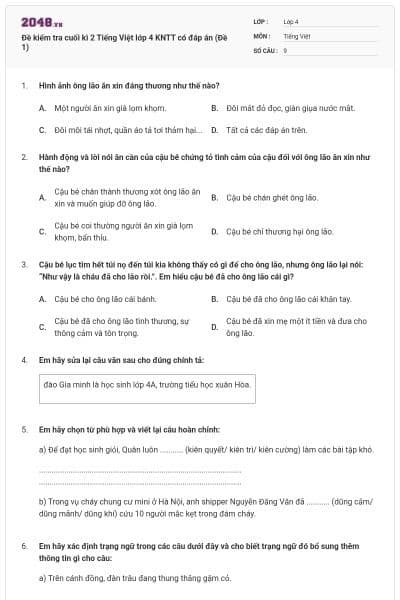 Đề kiểm tra cuối kì 2 Tiếng Việt lớp 4 KNTT có đáp án (Đề 1)