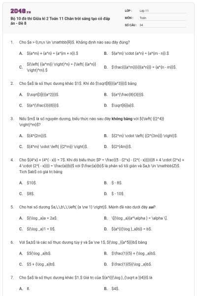 Bộ 10 đề thi Giữa kì 2 Toán 11 Chân trời sáng tạo có đáp án - Đề 8