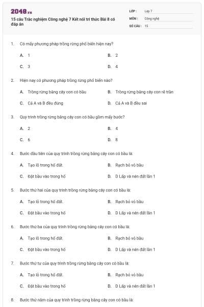15 câu Trắc nghiệm Công nghệ 7 Kết nối tri thức Bài 8 có đáp án