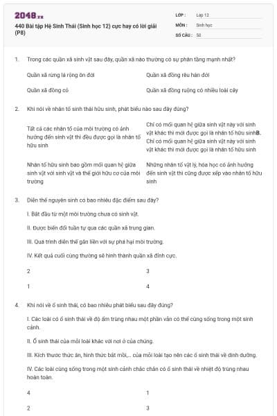 440 Bài tập Hệ Sinh Thái (Sinh học 12) cực hay có lời giải (P8)