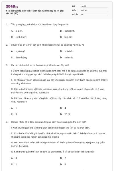 615 Bài tập Hệ sinh thái - Sinh học 12 cực hay có lời giải chi tiết (P3)