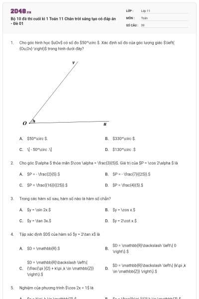 Bộ 10 đề thi cuối kì 1 Toán 11 Chân trời sáng tạo có đáp án - Đề 01