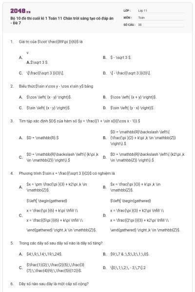Bộ 10 đề thi cuối kì 1 Toán 11 Chân trời sáng tạo có đáp án - Đề 7