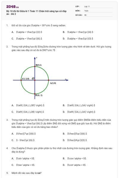 Bộ 10 đề thi Giữa kì 1 Toán 11 Chân trời sáng tạo có đáp án - Đề 2