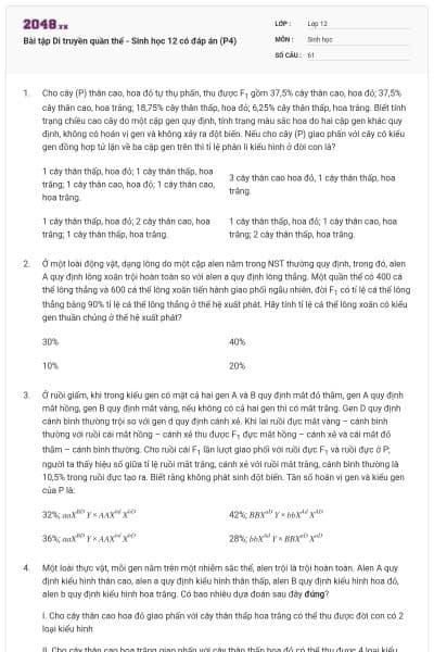 Bài tập Di truyền quần thể - Sinh học 12 có đáp án (P4)