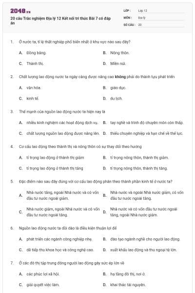 20 câu Trắc nghiệm Địa lý 12 Kết nối tri thức Bài 7 có đáp án