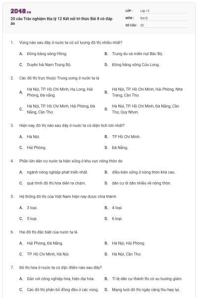 20 câu Trắc nghiệm Địa lý 12 Kết nối tri thức Bài 8 có đáp án