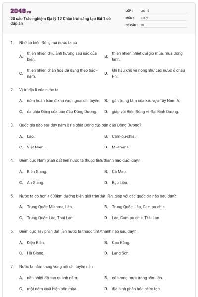 20 câu Trắc nghiệm Địa lý 12 Chân trời sáng tạo Bài 1 có đáp án