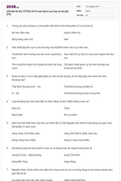 240 Bài thi thử TPTQG 2019 môn Địa lí cực hay có lời giải (P4)