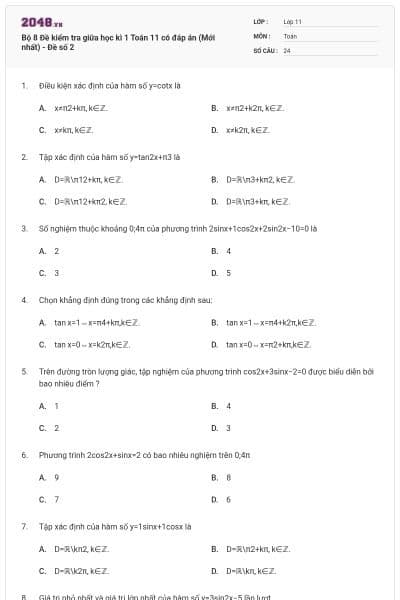 Bộ 8 Đề kiểm tra giữa học kì 1 Toán 11 có đáp án (Mới nhất) - Đề số 2