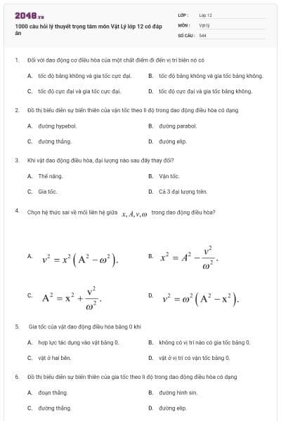 1000 câu hỏi lý thuyết trọng tâm môn Vật Lý lớp 12 có đáp án