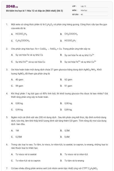 Đề kiểm tra học kì 1 Hóa 12 có đáp án (Mới nhất) (Đề 3)