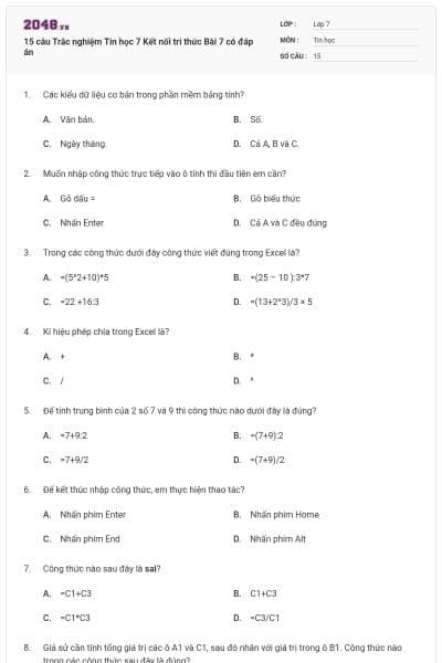 15 câu Trắc nghiệm Tin học 7 Kết nối tri thức Bài 7 có đáp án