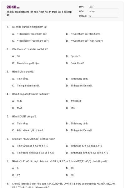 15 câu Trắc nghiệm Tin học 7 Kết nối tri thức Bài 8 có đáp án
