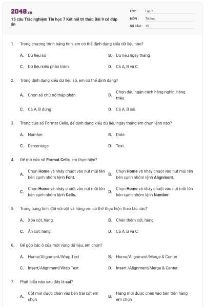 15 câu Trắc nghiệm Tin học 7 Kết nối tri thức Bài 9 có đáp án