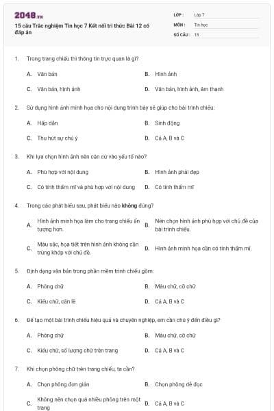 15 câu Trắc nghiệm Tin học 7 Kết nối tri thức Bài 12 có đáp án