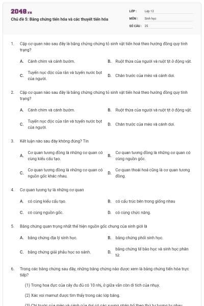 Chủ đề 5: Bằng chứng tiến hóa và các thuyết tiến hóa