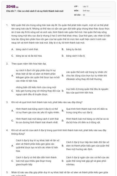 Chủ đề 7 : Các cơ chế cách li và sự hình thành loài mới