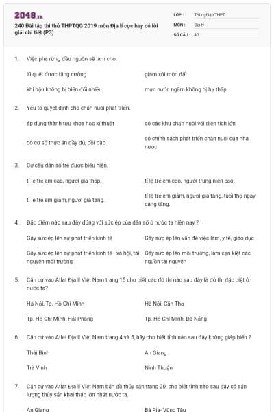 240 Bài tập thi thử THPTQG 2019 môn Địa lí cực hay có lời giải chi tiết (P3)