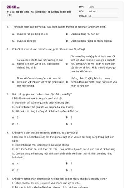 440 Bài tập Hệ Sinh Thái (Sinh học 12) cực hay có lời giải (P8)