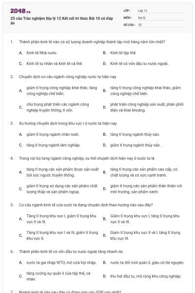 25 câu Trắc nghiệm Địa lý 12 Kết nối tri thức Bài 10 có đáp án