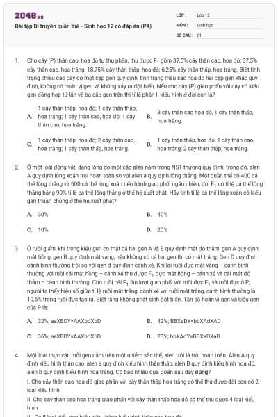 Bài tập Di truyền quần thể - Sinh học 12 có đáp án (P4)
