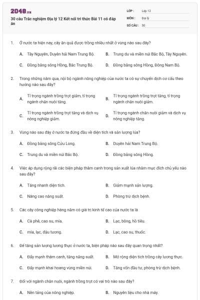 30 câu Trắc nghiệm Địa lý 12 Kết nối tri thức Bài 11 có đáp án