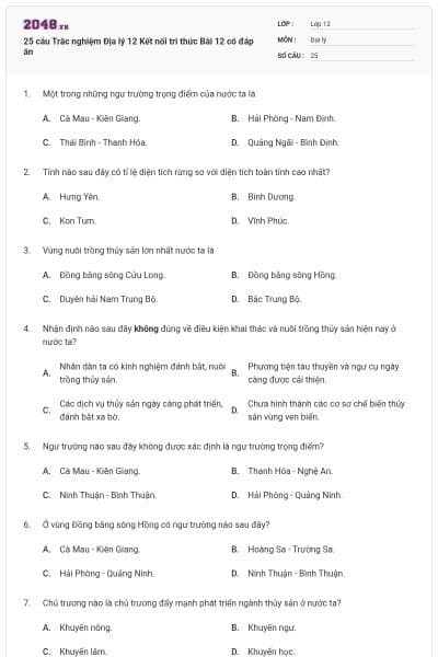 25 câu Trắc nghiệm Địa lý 12 Kết nối tri thức Bài 12 có đáp án