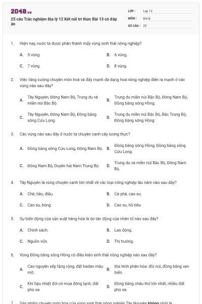 25 câu Trắc nghiệm Địa lý 12 Kết nối tri thức Bài 13 có đáp án