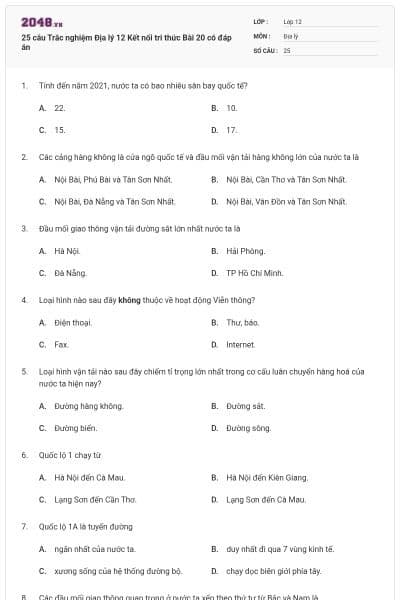 25 câu Trắc nghiệm Địa lý 12 Kết nối tri thức Bài 20 có đáp án