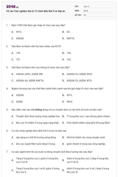 25 câu Trắc nghiệm Địa lý 12 Cánh diều Bài 9 có đáp án