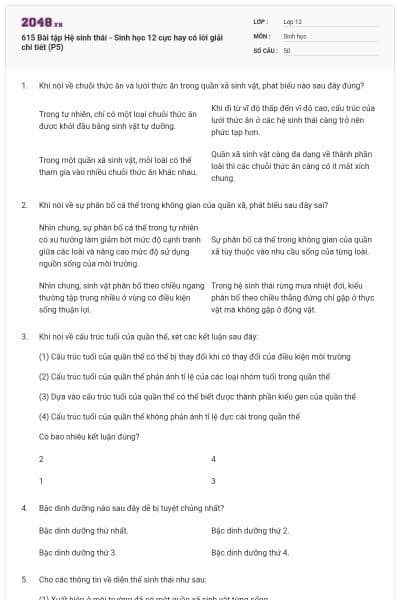 615 Bài tập Hệ sinh thái - Sinh học 12 cực hay có lời giải chi tiết (P5)