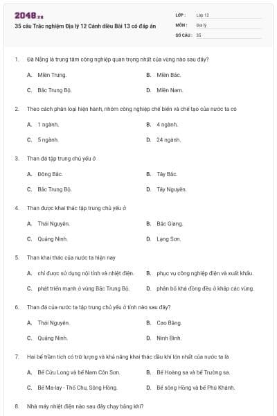 35 câu Trắc nghiệm Địa lý 12 Cánh diều Bài 13 có đáp án