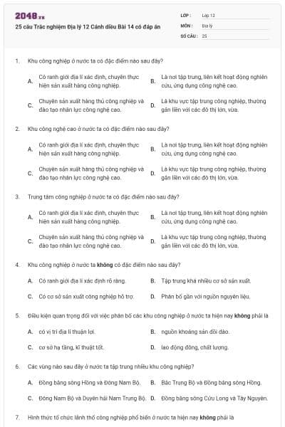 25 câu Trắc nghiệm Địa lý 12 Cánh diều Bài 14 có đáp án