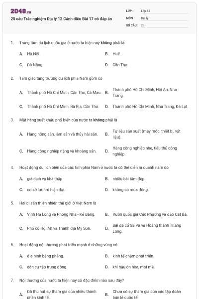 25 câu Trắc nghiệm Địa lý 12 Cánh diều Bài 17 có đáp án