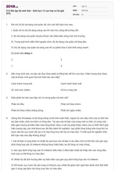 512 Bài tập Hệ sinh thái - Sinh học 12 cực hay có lời giải (P9)