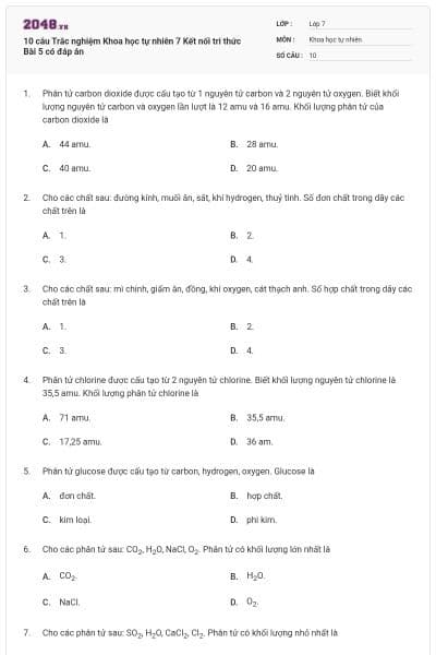 10 câu Trắc nghiệm Khoa học tự nhiên 7 Kết nối tri thức Bài 5 có đáp án