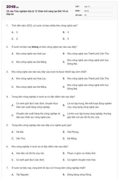 25 câu Trắc nghiệm Địa lý 12 Chân trời sáng tạo Bài 18 có đáp án