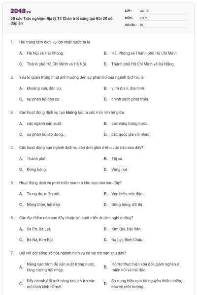 20 câu Trắc nghiệm Địa lý 12 Chân trời sáng tạo Bài 20 có đáp án