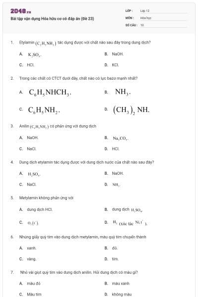 Bài tập vận dụng Hóa hữu cơ có đáp án (Đề 23)