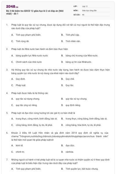 Bộ 3 Đề kiểm tra GDCD 12 giữa học kì 2 có đáp án (Mới nhất) - đề 1
