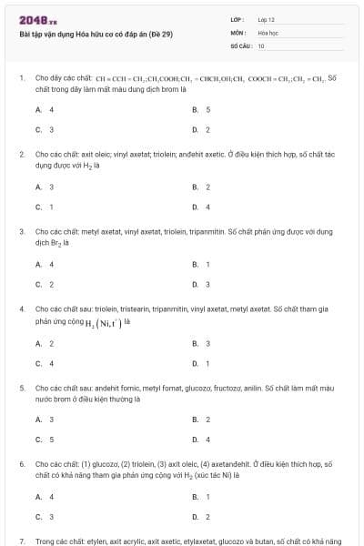 Bài tập vận dụng Hóa hữu cơ có đáp án (Đề 29)