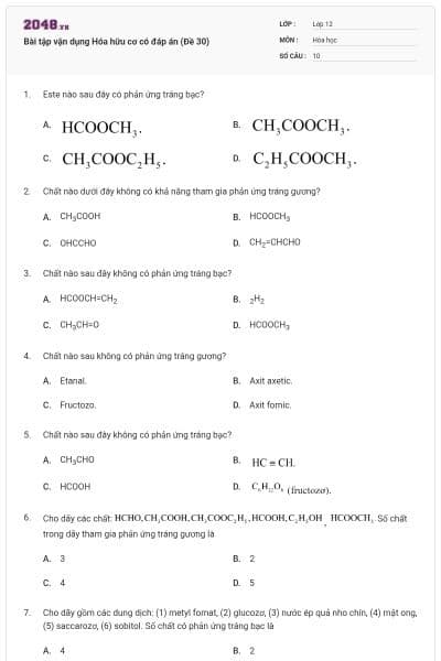 Bài tập vận dụng Hóa hữu cơ có đáp án (Đề 30)