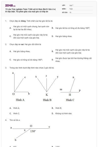 15 câu Trắc nghiệm Toán 7 Kết nối tri thức Bài 8: Góc ở vị trí đặc biệt. Tia phân giác của một góc có đáp án
