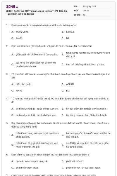(2024) Đề thi thử THPT môn Lịch sử trường THPT Tiên Du - Bắc Ninh lần 1 có đáp án