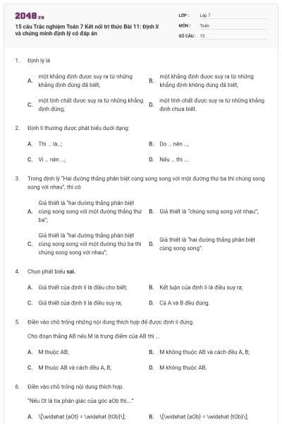15 câu Trắc nghiệm Toán 7 Kết nối tri thức Bài 11: Định lí và chứng minh định lý có đáp án