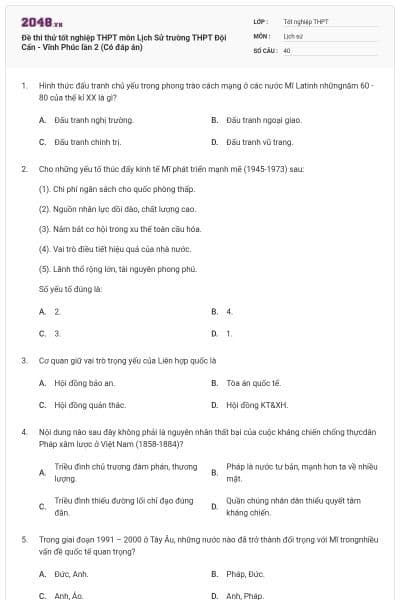 Đề thi thử tốt nghiệp THPT môn Lịch Sử trường THPT Đội Cấn - Vĩnh Phúc lần 2 (Có đáp án)