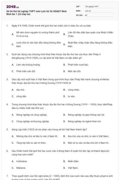Đề thi thử tốt nghiệp THPT môn Lịch Sử Sở GD&ĐT Ninh Bình lần 1 (Có đáp án)