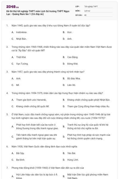 Đề thi thử tốt nghiệp THPT môn Lịch Sử trường THPT Ngọc Lạc - Quảng Nam lần 1 (Có đáp án)